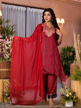 Red Geometric Printed Satin Asymmetrical Kurta Pant And Dupatta Set With Zari & Mirror Work-J4725RED